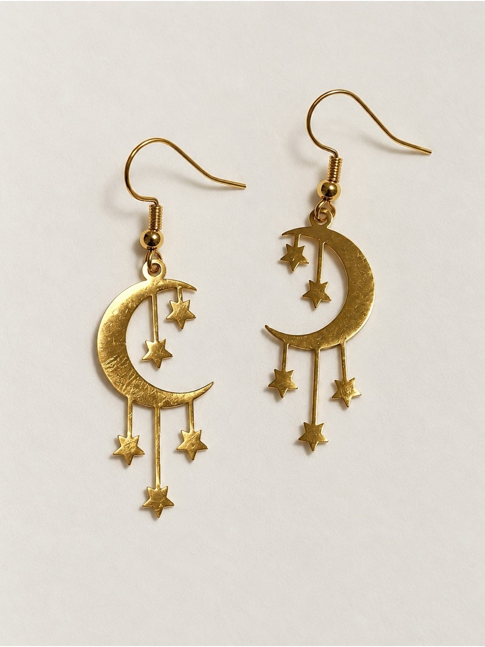 Vintage Gold Crescent Moon and Star Drop Earrings